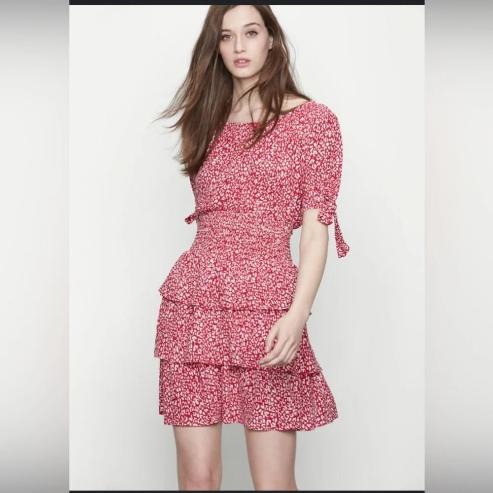 Maje Rafia Leopard Print Smocked Crepe Mini Dress